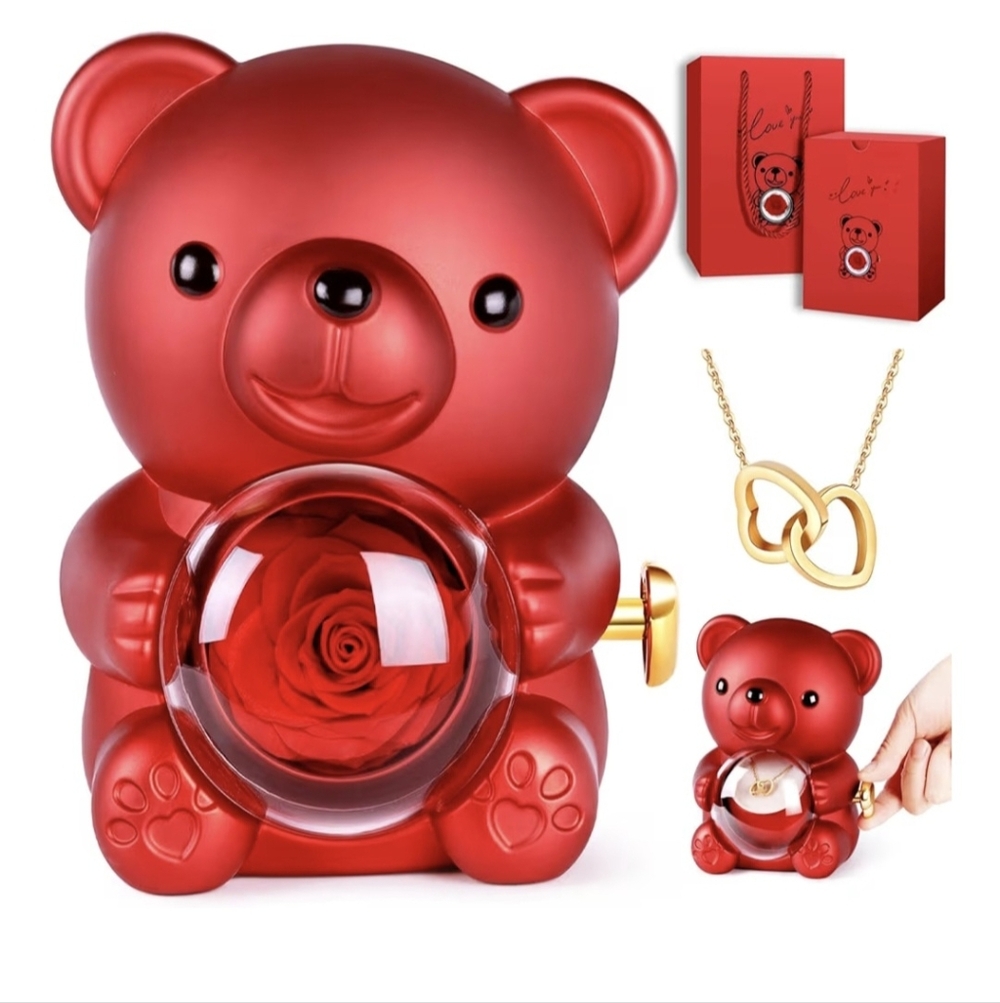 Bear Jewelry Case with Eternal Rose & Heart Pendant – Gift Set